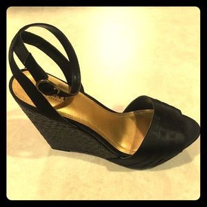 Satin peep toe wedges